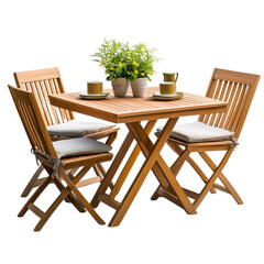 Stylish wooden dining set with fresh flowers and drinks, perfect for gatherings.