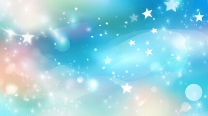 Dreamy pastel blue and pink background with bokeh lights and stars.
