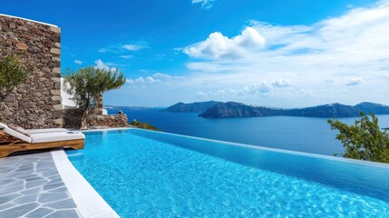 Fototapeta premium Infinity Pool Overlooking Aegean Sea Volcanic Islands