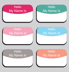 Badge sticker with hello my name is. Vector isolated illustration. Register tags.