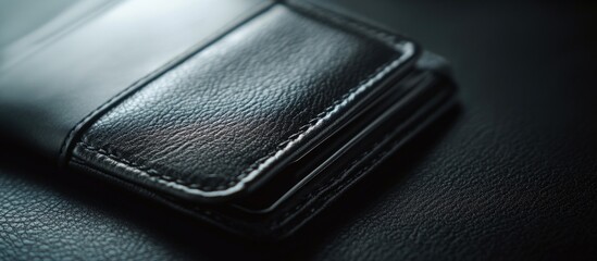 Close-up of black leather wallet on dark surface with detailed texture and lighting