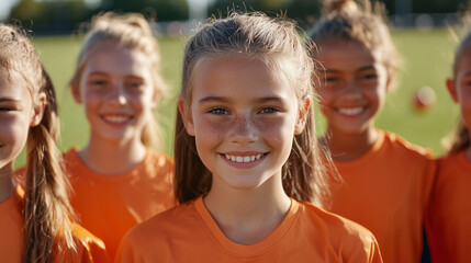 Group Portrait of Young Female Football Players on Sunlit Field