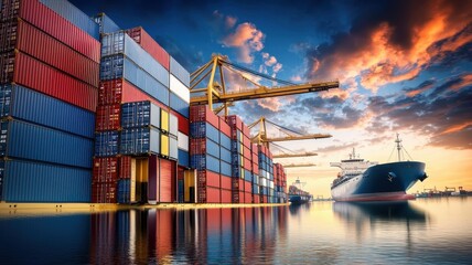 E-commerce solutions and Sustainability in business. Vibrant sunset over cargo containers at a bustling shipping port.