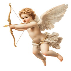 Fototapeta premium Ancient marble statue of a little cupid doll with wings, shooting a bow. Isolated on white background for cutting png. For stickers on Valentine's Day, for the holiday on February 14.