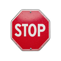 A classic red stop sign with rain droplets, signaling vehicles to halt.
