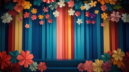 Obraz premium Vibrant floral backdrop with colorful stripes and paper flowers.
