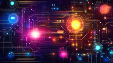 Fototapeta premium Complex electronic circuit board with glowing neon lights, representing advanced technology and futuristic design