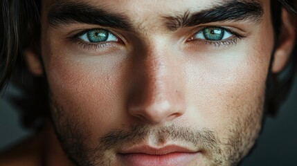 Naklejka premium Close-up portrait focusing on a man's striking blue-green eyes and facial features, emphasizing detail and expression.