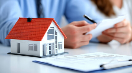 Fototapeta premium real estate agent presents house model to couple, showcasing details