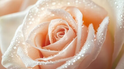 Fototapeta premium macro shot of fresh morning dew drops on rose petals, extreme close-up with soft natural lighting, delicate water droplets creating crystal-like reflections, pure and serene