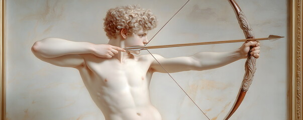Like an old vintage painting, an ancient statue of Cupid, a young curly guy shooting a bow, his torso is naked. On Valentine's Day, congratulations on February 14 for your beloved.