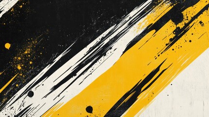 Abstract diagonal brush strokes in black, yellow, and white with grunge texture.