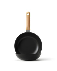 Black frying pan with wooden handle displayed on a white background showcasing its sleek design and versatility for cooking