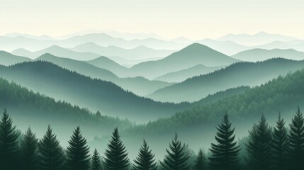 Misty Green Mountains and Forest Panorama