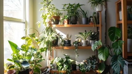Indoor garden with diverse plants on wooden shelves by sunny window