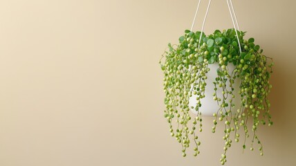 String of Pearls plant in white hanging pot on light background
