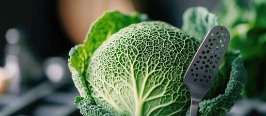 Close-up of Fresh Green Cabbage with Grater in Kitchen Setting