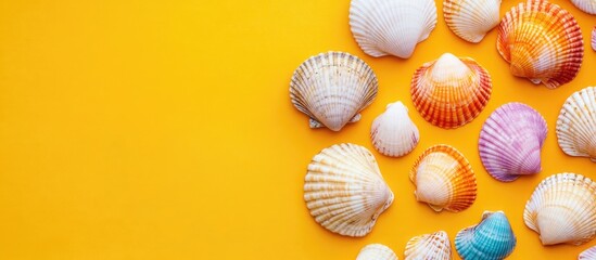 Fototapeta premium Colorful seashells arranged on vibrant yellow background with copy space