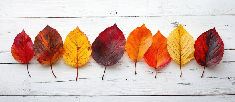 Autumn leaves arranged in a row on white wooden background