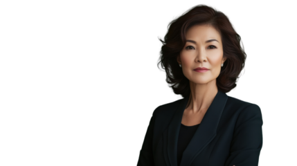 Confident senior businesswoman posing with folded arms on transparent background