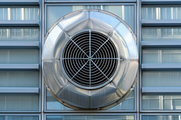 Large industrial exhaust fan is attached to the exterior of a modern building, ensuring proper airflow and ventilation