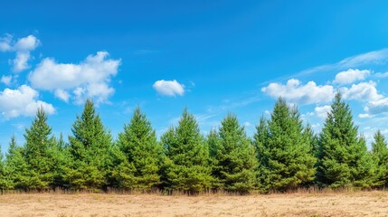 Pine Trees Lined in a Row under Blue Sky with Clouds and Copy Space
