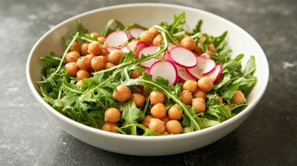 Bowl of fresh arugula salad with chickpeas and sliced radishes on a grey background