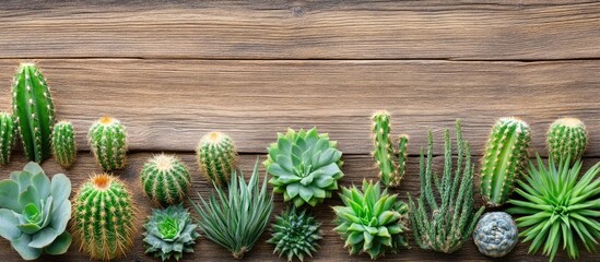 Variety of Cacti and Succulents on Wooden Background with Copy Space