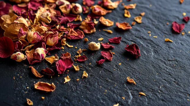 Dried rose and yellow petals scattered on a dark surface creating an artistic and textured composition