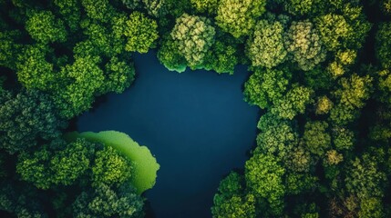 Naklejka premium Aerial View of Dense Forest Surrounding a Deep Blue Lake with Green Algae