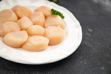 Sea scallop raw seafood fresh tasty food dish gourmet food background on the table rustic food top view copy space food pescetarian diet