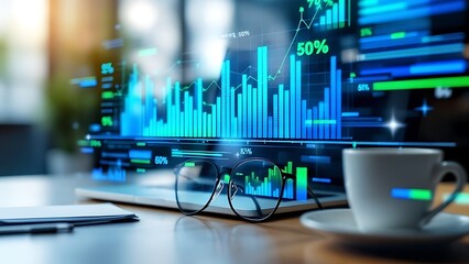 Financial trading concept with graphs and charts overlaying office tools on a digital background.