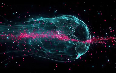 A futuristic holographic globe surrounded by red dots representing viral outbreaks, with lines connecting major cities. The glowing display highlights global health monitoring and response efforts 