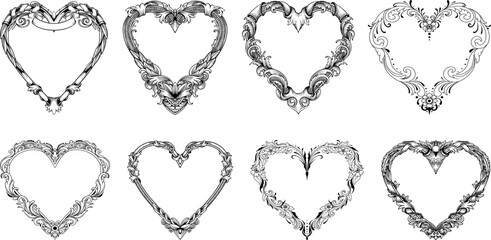 Elegant Ornate Heart Frame Vector Set – Decorative Vintage Baroque and Rococo Borders with Swirls and Flourishes, Hand-Drawn Romantic Frames for Invitations, Wedding Cards, and Valentine’s Day Designs