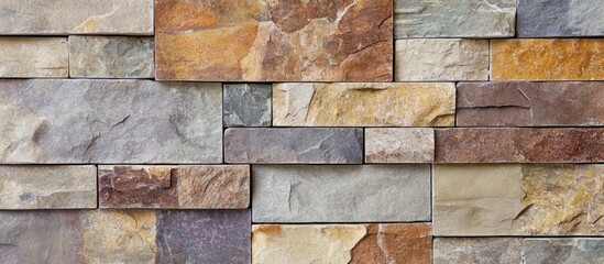 Multicolored natural stone wall texture with layered pattern