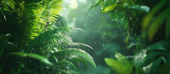 Fototapeta premium Lush Green Jungle Foliage with Sunlight Filtering Through Leaves and Rain Droplets in Tropical Forest Scene