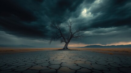 Fototapeta premium A Lonely Tree's Struggle Against the Harsh Reality of Drought and Barren Landscapes Amidst Environmental Crisis