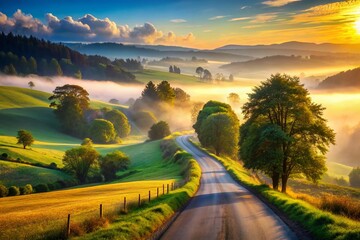 Fototapeta premium Golden Hour Glow on Countryside Road Enveloped in Misty Serenity