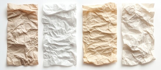 Four sheets of crumpled paper in brown and beige tones arranged on white background