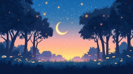 Fototapeta premium Pixel Art Night Forest Scene with Crescent Moon and Fireflies