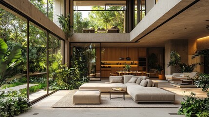 Fototapeta premium Modern Tropical Home Interior Design Featuring Lush Greenery