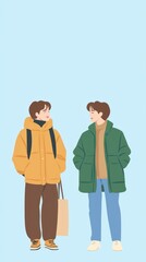 Two friends chatting winter fashion outdoors