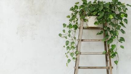 Ladder with green leaves on white wall background