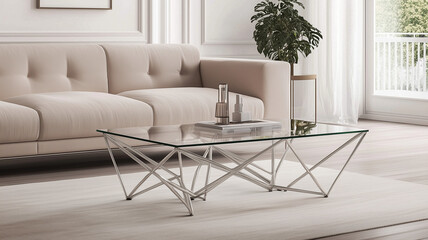 Modern glass coffee table with geometric metal base in stylish living room