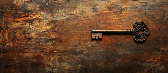 Antique skeleton key on rustic wooden surface with textured background and copy space