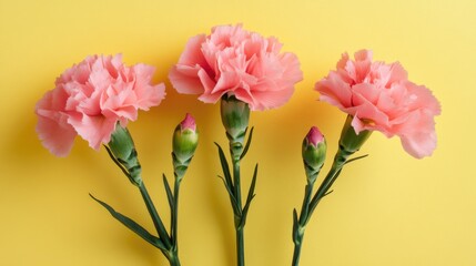 Fototapeta premium Pink carnations with green stems on yellow background with copy space