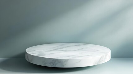 minimalist white marble podium floating in ethereal light, smooth geometric form casting subtle shadows, luxury product display with gentle gradient