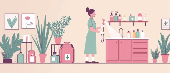 A healthcare worker disinfecting a room, with spray mist visible against a backdrop of medical equipment. The detailed depiction conveys the importance of hygiene and sanitation in disease prevention 