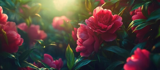Obraz premium Pink Peonies in Sunlit Garden with Green Foliage and Soft Focus Blossoms