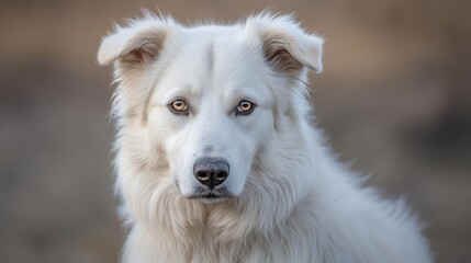 Obraz premium White fluffy dog with alert expression in soft focus neutral background